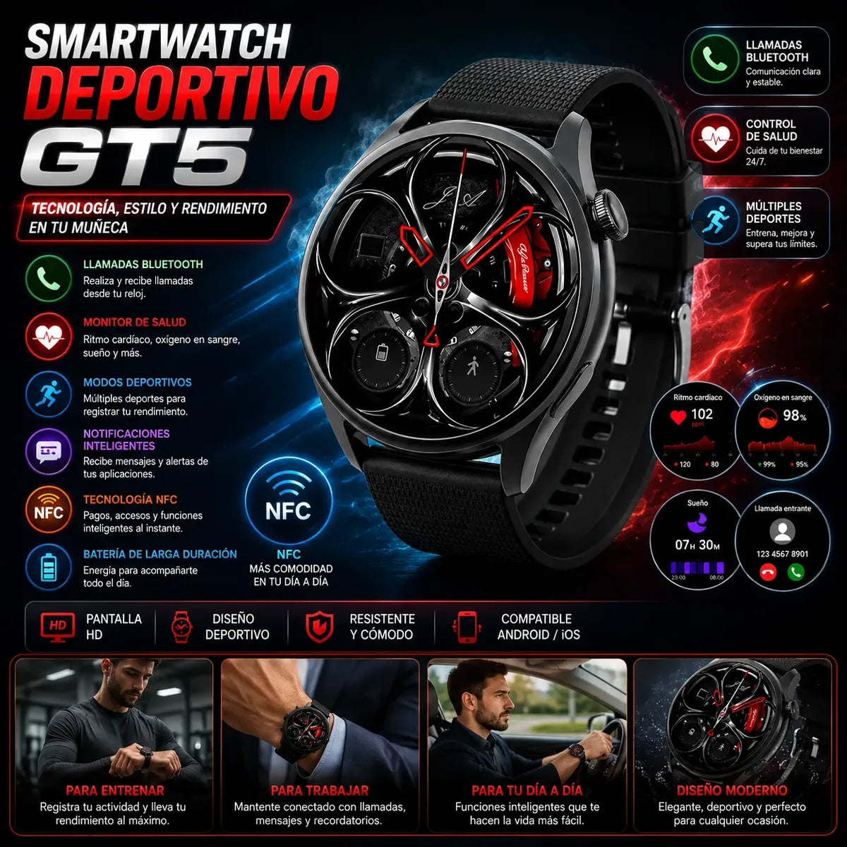 Reloj Inteligente GT5: Tecnología, Estilo y Monitoreo